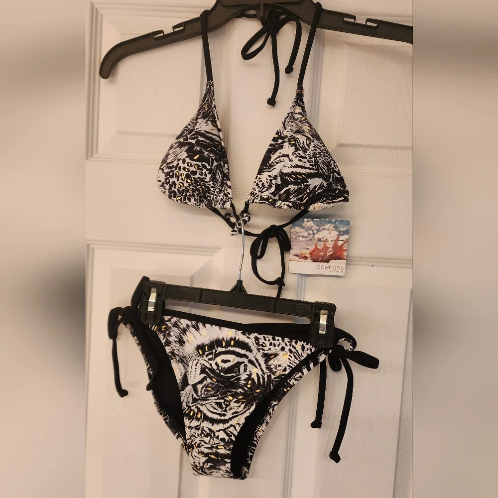 SEEKERS Australia White Tiger Triangle bikini black/white/gold SM top/Med Bottom